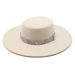 Elegant cream flat top boater hat featuring a luxury silver rhinestone band detail