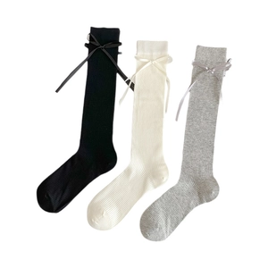 Bow ribbon knit knee high socks in black, beige and grey for balletcore fashion style