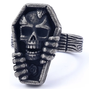Vintage silver gothic ring featuring a skull inside a coffin with rose and bone details