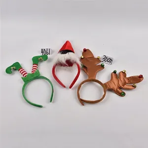 Three festive Christmas headbands featuring elf legs, Santa hat, and reindeer antlers
