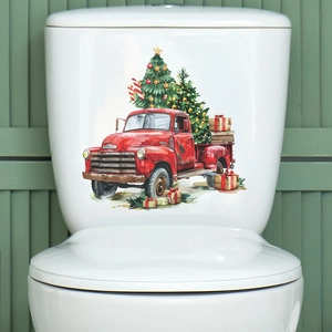 Christmas toilet sticker featuring a vintage red truck and festive tree on ceramic tank