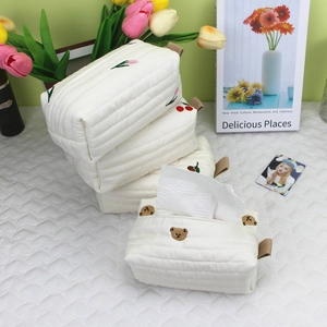 Quilted cotton tissue box cover with cute cherry and bear embroidery in ins style