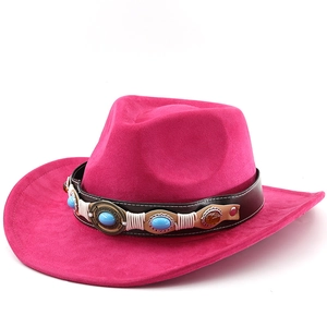 Hot pink suede western cowboy hat with ethnic style leather band and gemstones