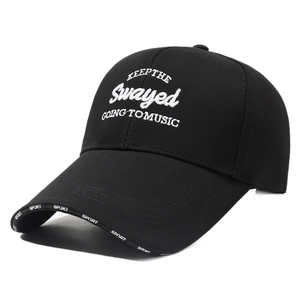 Black outdoor baseball cap with long brim and white letter embroidery for sun protection