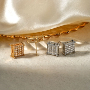 Classic square micro-pave zircon stud earrings set in gold and silver plating