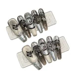 Silver cat eye press-on nails set with 3D gothic metal cross and moon charms