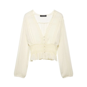 Women Chiffon Peplum Top V Neck Long Sleeve Lace Trim Smocked Waist Button Down Elegant Blouse Off White Cream