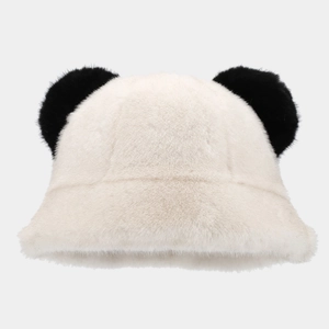 Detail of plush panda bucket hat showing soft faux fur texture and black ears