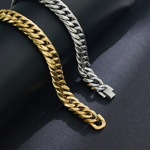 Bracciale a catena cubana in acciaio inossidabile lucido oro e argento da uomo