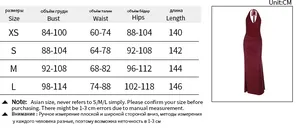 Size chart for the glitter knit V-neck halter evening dress showing detailed measurements