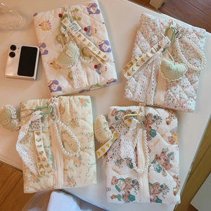 Quilted Cotton Mini Handbag Floral Cartoon Padded Makeup Pouch With Artificial Pearl Chain Handle And Heart Pendant For Women