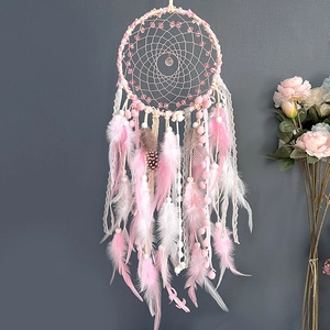 Handmade Dreamcatcher Pink White Feather Lace Bead Hanging Ornament Home Wall Decor Gift Bohemian Style