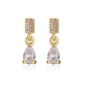 Macro shot of 18K gold plated teardrop zircon earrings with geometric rectangular studs