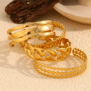 18K gold plated minimalist cuff bracelet set with sleek mirror and textured chain designs