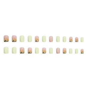 Short square press-on nails set with yellow tulip floral patterns and glitter finish
