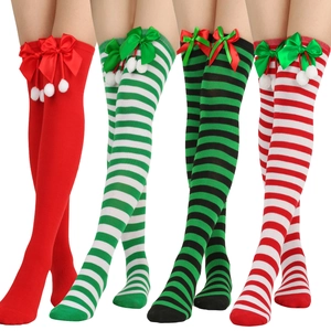 Festive Christmas over-knee socks set with bowknots and pom-poms in striped patterns