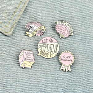 Overthinker Enamel Pin Badge Brain Skull Book Medal Shapes Alloy Brooches Creative Accessory For Backpacks Jacket Macaron Colors