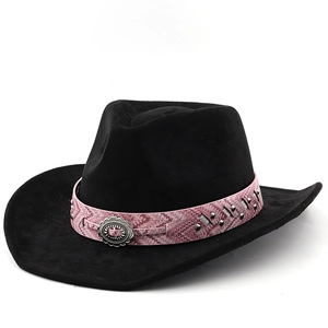 Black faux suede western cowboy hat with pink studded ribbon and vintage metal buckle