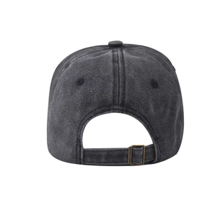 Close-up of vintage Los Angeles washed cotton baseball cap with adjustable metal buckle