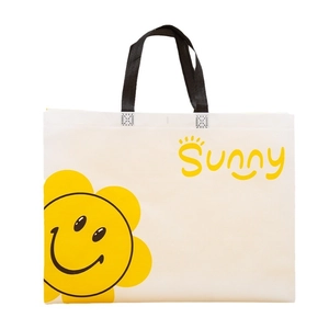 Eco-friendly non-woven shopping bag with yellow sunflower and black handles for gifts