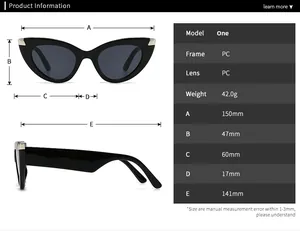 Size chart for zebra print cat eye sunglasses with frame width of 150mm and 42g weight