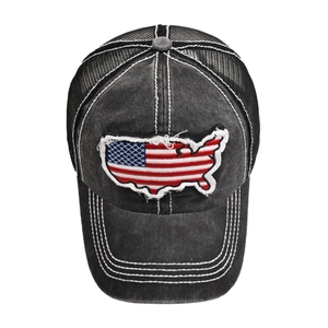 Vintage washed grey baseball cap with US flag map embroidery and black mesh back