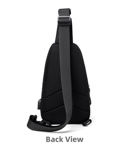 Detail of the ergonomic honeycomb mesh back and USB port on the black crossbody sling bag