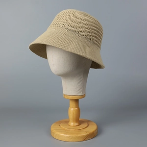 Breathable hollow knit sun hat in khaki, stylish bell-shaped bucket hat for women