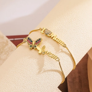 Mama Bracelet 18K Gold Plated Copper Zircon Colorful Butterfly Heart Adjustable Slider Box Chain Jewelry Gift For Women