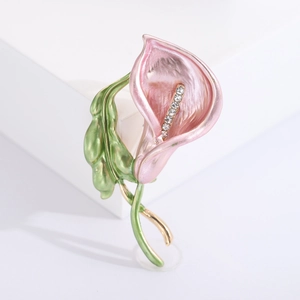 Elegant enamel pink morning glory flower brooch with green leaves and gold metal accents