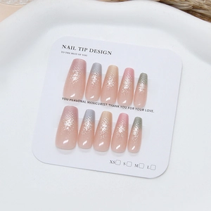 Pink and blue gradient cat-eye ballerina press-on nails with silver glitter on white card