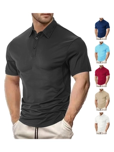 Detail view of cotton polo shirts showing six colors including black and blue