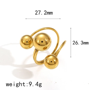 Minimalist 18k gold plated stainless steel open ring with three spheres and dimensions