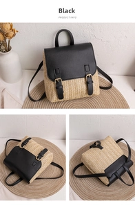 Detail of woven straw backpack with black leather flap and golden metal buckles