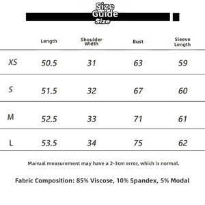 Tableau des tailles détaillé pour t-shirt à manches longues et col en V en modal