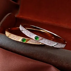 Vintage Copper Bangle Bracelet 18K Real Gold Plated Green Geometric Stone White Zircon Pave Luxury Jewelry For Women