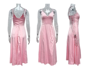 Front, side, and back view of a pink satin v-neck midi dress on invisible mannequin