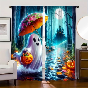 Halloween polyester curtains featuring cute ghosts and pumpkin patterns for home decor