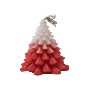 Red and white gradient Christmas tree scented candle with pine branch texture on white background