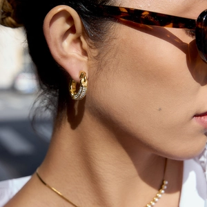 U-shaped gold chain hoop earrings with micro-paved cubic zirconia for women