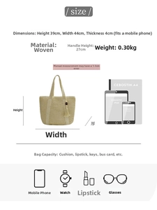 Size chart showing large straw tote bag dimensions 44x39x4cm with tassel detail