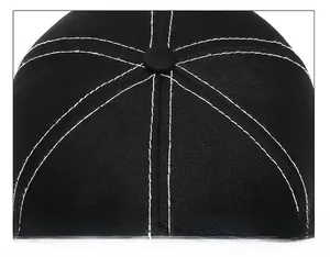 Detailed close-up of six-panel black cotton baseball cap with white contrast stitching