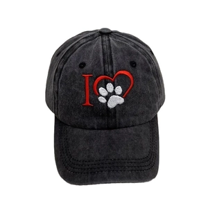 Vintage washed charcoal baseball cap featuring I Love Paw heart embroidery for outdoor wear