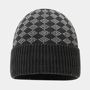 Detailed view of the winter knit beanie featuring a grey Nordic geometric pattern and ribbed cuff