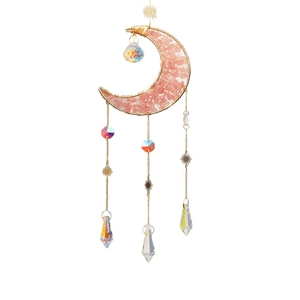 Golden moon crystal suncatcher with pink quartz stones and rainbow prism pendants