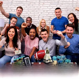 Detail of football field tablecloth with Touchdown text at a Super Bowl theme party setup