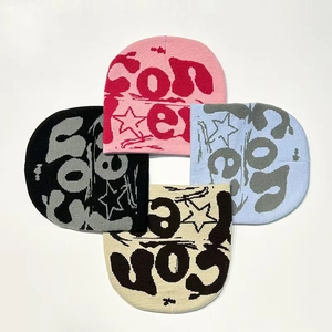 Four-color CON letter jacquard knit beanies set in pink, light blue, black and beige