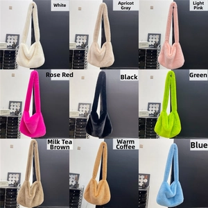 Nine color options for fuzzy faux rabbit fur shoulder bags in a Y2K aesthetic grid
