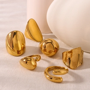 Set of six minimalist 18K gold plated oval chunky rings in modern geometric styles