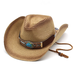 Chapeau de paille cowboy avec bandeau ethnique turquoise et cordon réglable